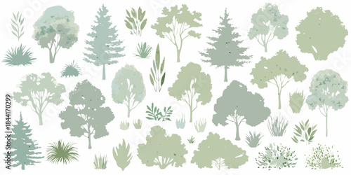 A collection of muted green and blue trees and foliage illustrations