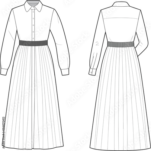 Technical fashion illustration of long sleeve pleated midi dress with waistband, front and back views, clean vector line art design
