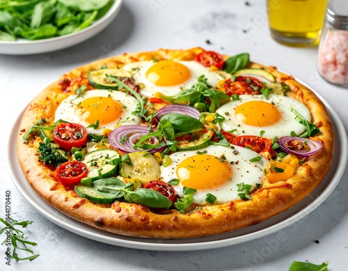 Wallpaper Mural Flatbread with fried eggs and colorful vegetables on white plate Torontodigital.ca