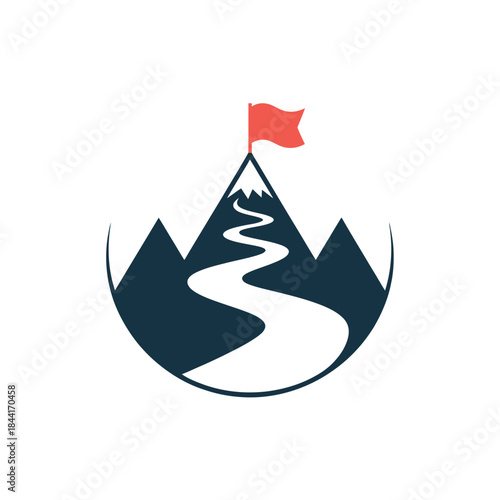 Mountain peak with winding road and red flag emblem design