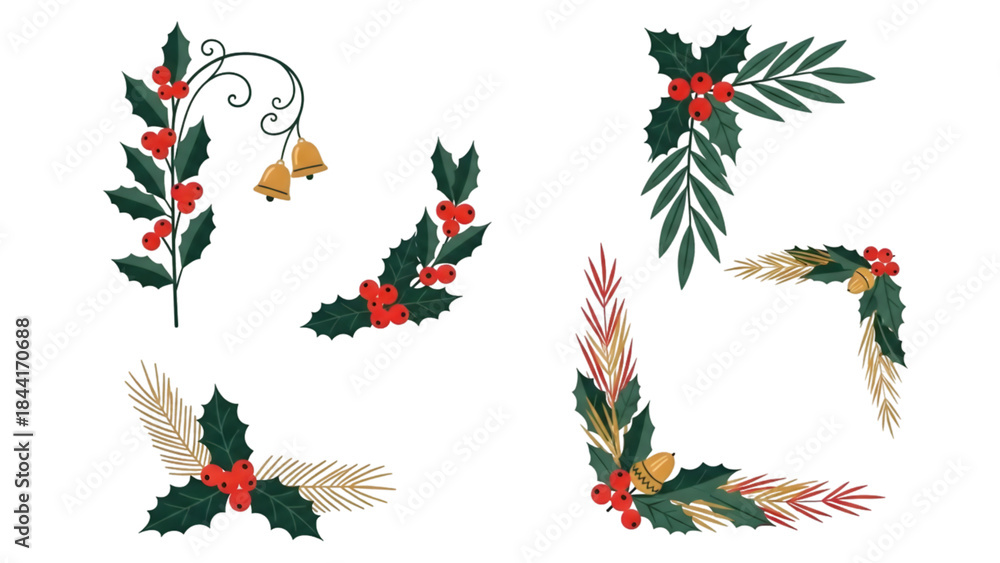 Naklejka premium Collection of christmas holly wreaths and garlands isolated on transparent background