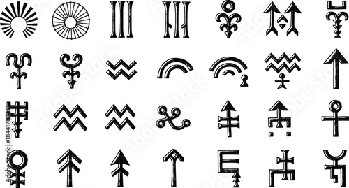 Ancient tribal symbol and abstract arrow icon set with geometric and mystical signs, black decorative vector collection for ethnic, spiritual and symbolic design