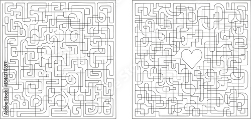 Abstract maze labyrinth illustration set with square puzzles and heart shape center, minimal line art vector collection for games, logic and problem solving design