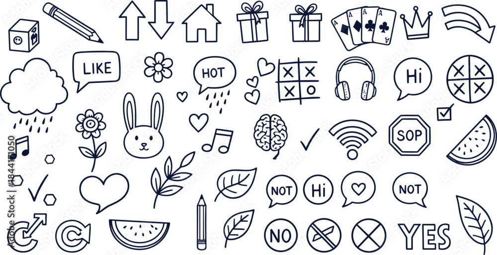 Naklejka premium Hand drawn doodle icon set with social symbols, arrows, hearts, speech bubbles and everyday objects, playful vector collection for creative design projects