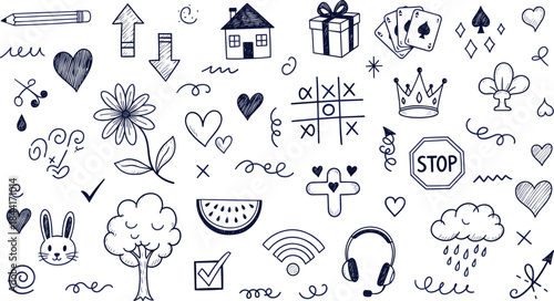 Hand drawn doodle icon set with hearts, arrows, flowers and everyday symbols, playful sketch vector collection for creative notes, planners and graphic design