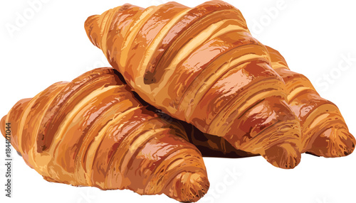 Fresh buttery croissant pastry illustration with golden flaky texture, realistic bakery food vector for breakfast, cafe menu and culinary design