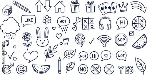 Hand drawn doodle icon set with social symbols, arrows, hearts, speech bubbles and everyday objects, playful vector collection for creative design projects
