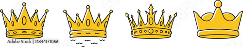 Hand drawn golden crown icon set in doodle style, royal and luxury vector collection for king, queen, monarchy and premium design concepts