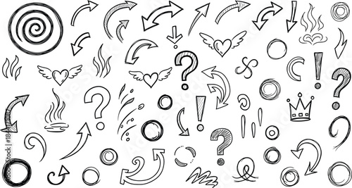 Hand drawn doodle symbol set with arrows, question marks, hearts and abstract shapes, expressive sketch vector collection for creative design and illustration