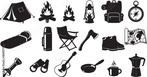Camping, outdoor adventure icon set. Vector glyph pictograms