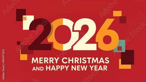 Vibrant modern graphic celebrating New Year 2026 and Merry Christmas with abstract geometric elements and a festive message on a striking red background, ideal for holiday greetings