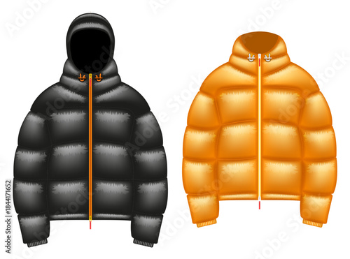 Two realistic padded winter jackets with hood and without hood mockup 3d vector front view, black and orange color options, puffer coats isolated on white for fashion template.