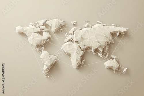 World Map Network Connection Illustration in Beige Tones Depicting Global Connectivity with Interconnected Nodes and Lines on a Neutral Background