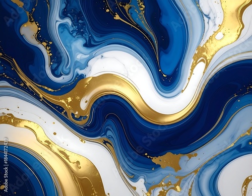 Wallpaper Mural Fluid abstract art with swirling blue, white, and gold colors Torontodigital.ca