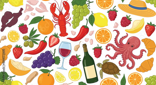 Seamless pattern with a vibrant assortment of fresh and delicious food items like fruits, vegetables, seafood, and pastries on a white background.