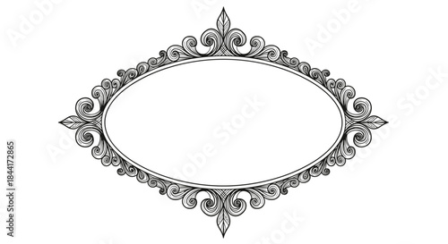 Hand-drawn vintage oval frame with intricate scrollwork and floral accents, perfect for elegant design elements or text placeholders.