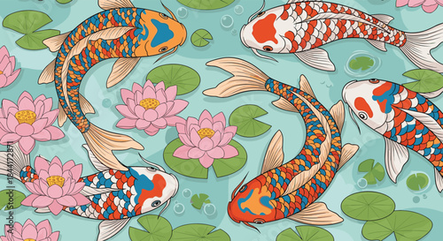Seamless pattern of colorful koi fish gracefully swimming among blooming pink lotus flowers and green lily pads in a tranquil blue pond illustration.