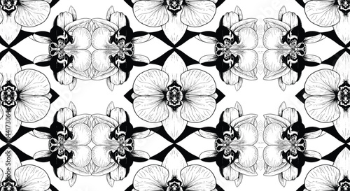 Elegant black and white orchid flowers form a seamless, abstract repeating pattern, showcasing intricate botanical details interwoven with bold geometric elements.