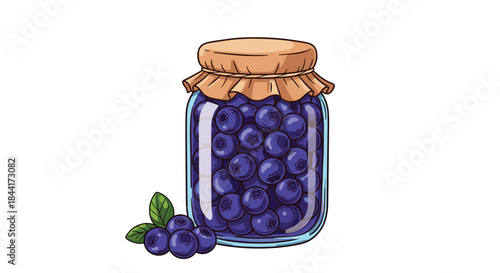 An appealing illustration showcases a clear glass jar packed with luscious blueberries, topped with a cozy fabric lid, complemented by a few fresh berries and green leaves.