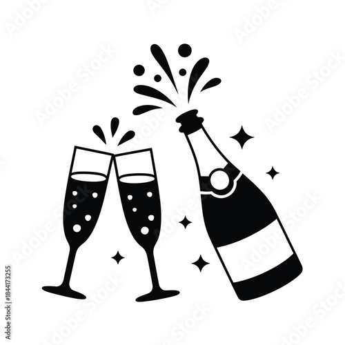 Cheers to celebrations champagne bottle and glasses toasting with sparkles