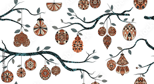 Ornate ornamental baubles hanging from tree branches with intricate patterns.