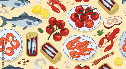 A vibrant pixel art arrangement of fresh seafood and produce including fish lobsters shrimp tomatoes lemons and mushrooms for culinary inspiration.