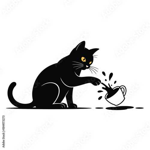 A black cat is playfully knocking over a cup of liquid