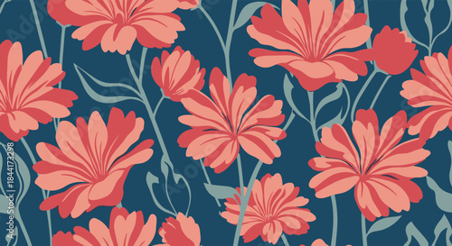 A repeating floral pattern with vibrant coral-colored flowers on a deep teal background featuring delicate green stems and leaves.