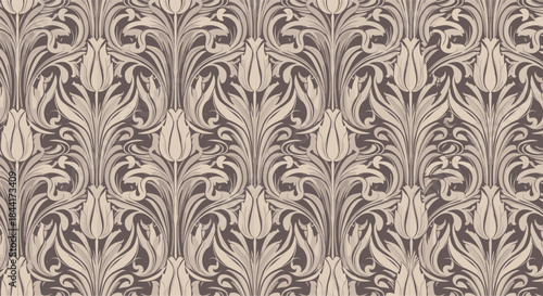 A classic repeating floral damask wallpaper pattern in muted earth tones featuring stylized tulip motifs.