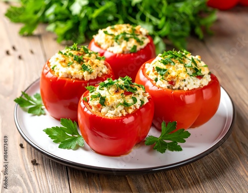 Wallpaper Mural Four vibrant red stuffed tomatoes on a plate, garnished with parsley Torontodigital.ca