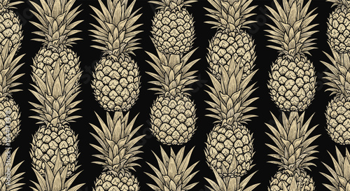A repeating pattern of golden pineapples against a dark black background.