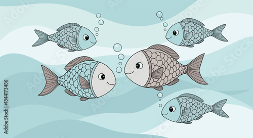 A school of small fish swimming in blue ocean waves creating bubbles.