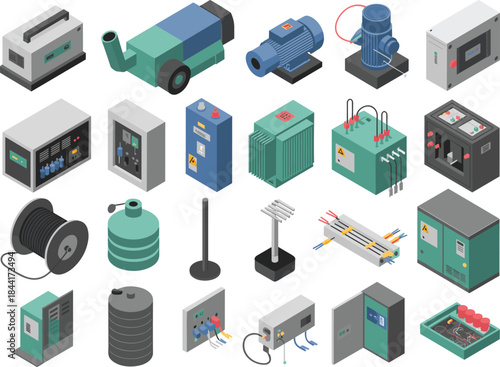 Industrial electrical equipment illustration set featuring power supplies, motors, control panels, transformers, generators, isometric industrial devices isolated on white