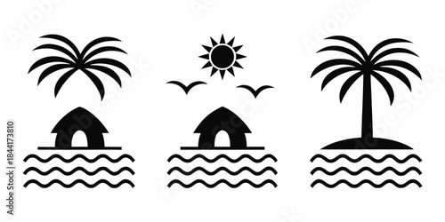 A simple black and white illustration shows a tropical island scene with palm trees sun birds and waves