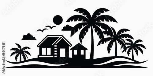 a serene tropical scene showcases palm trees a small house and a glowing sun over a calming ocean