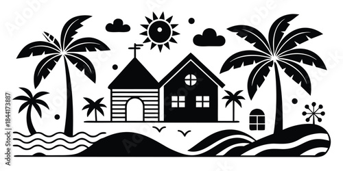 A simple black and white illustration depicts a tropical scene with palm trees a sun and houses