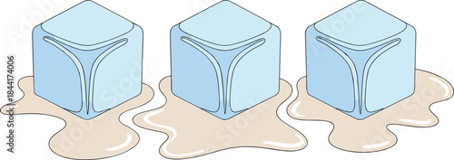 Melting ice cubes illustration, flat minimalist design of frozen water blocks, climate change concept, heat and global warming symbolism