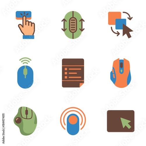 Computer mouse and input device icon collection: clicking hand, trackpad, cursor, wireless mouse, and gaming mouse symbols