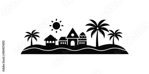 A simple black and white illustration depicting a tropical island scene with palm trees and buildings
