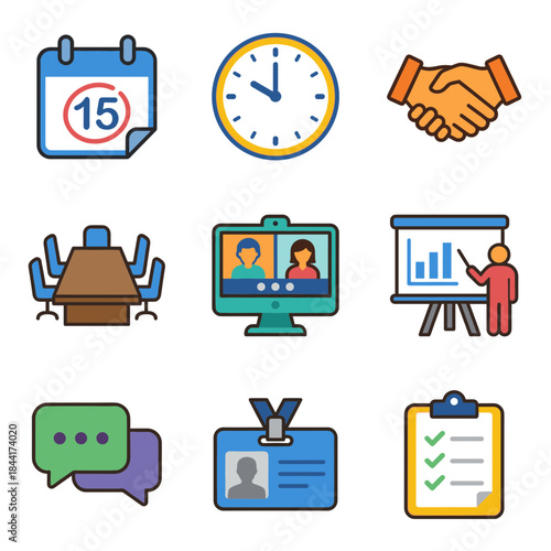 Business meeting and communication flat icon set: calendar, clock, handshake, video conference, and presentation symbols