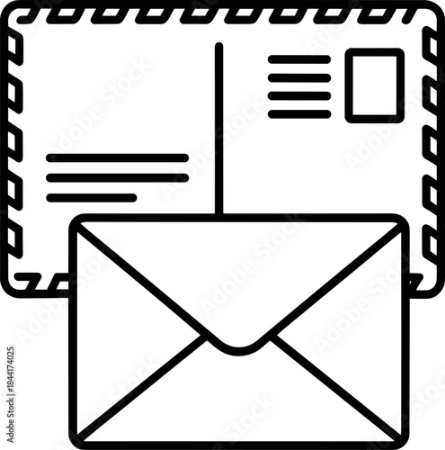 Postcard and Envelope Outline Icon Vector Illustration. Simple Minimalist Black Line Art Graphic Design Element for Correspondence, Messaging, and Mail Services UI UX.