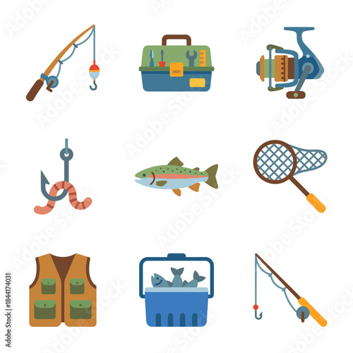 Fishing sport and hobby icon set: fishing rod, tackle box, reel, hook, worm, fish, net, vest, and cooler box symbols
