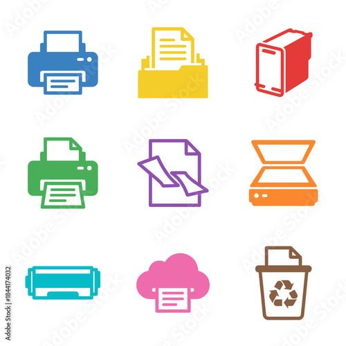 Printing and scanning office equipment colorful icon set: printer, folder, cartridge, copier, scanner, and recycle bin symbols