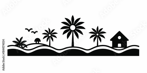 A minimalist black and white illustration depicts a tropical island landscape with palm trees and a small house