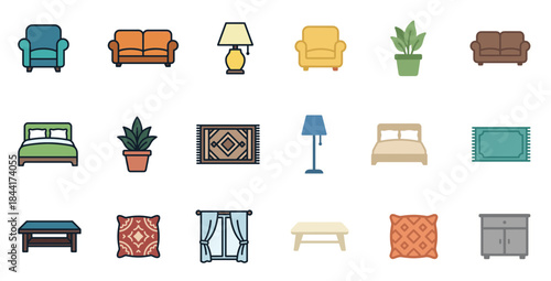 Home furniture and interior decoration outline icon set: couch, sofa, lamp, armchair, plants, bed, rug, and pillows symbols