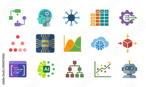 Artificial intelligence and machine learning icon set: AI, GPU, data analysis, neural network, algorithm, and robot symbols
