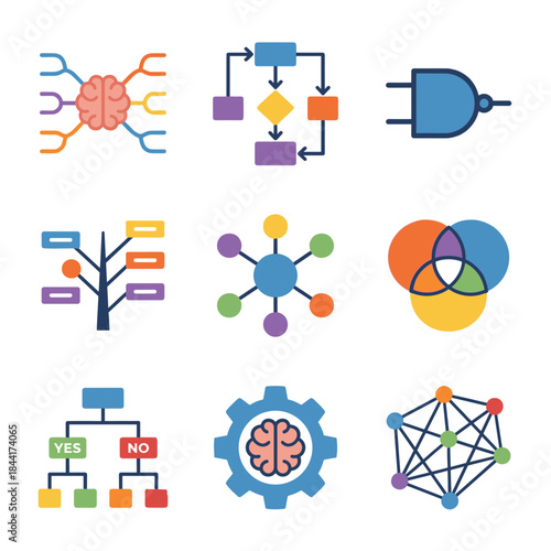 Data flow and business decision process icon set: mind map, flowchart, logic gate, Venn diagram, and network node symbols