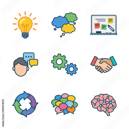Idea generation and business communication icon set: lightbulb, thought bubbles, brainstorming, teamwork, and brain symbols