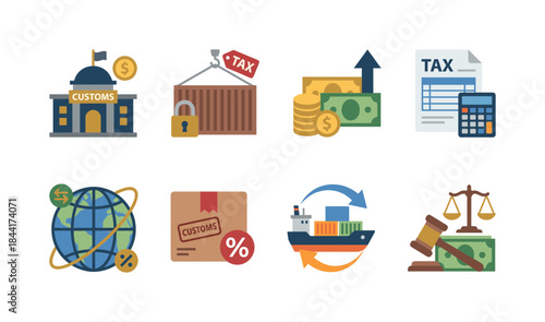 Customs and Tax Icons Set: Global Trade, Import Export Duties, Regulations, and Financial Concepts on International Shipping
