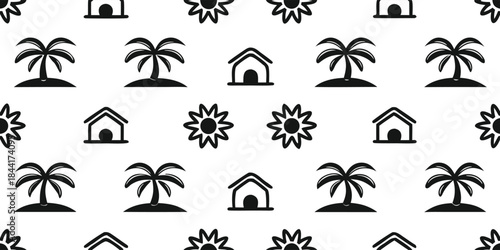 A repeating pattern featuring tropical elements like palm trees small houses and stylized sunburst flowers on a white background